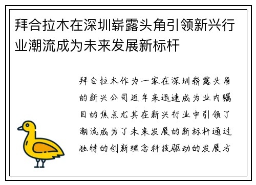拜合拉木在深圳崭露头角引领新兴行业潮流成为未来发展新标杆